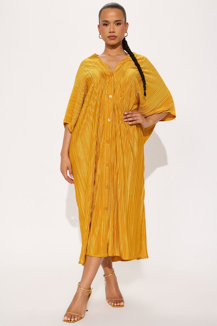 Isa Plisse Maxi Shirt Dress - Mustard