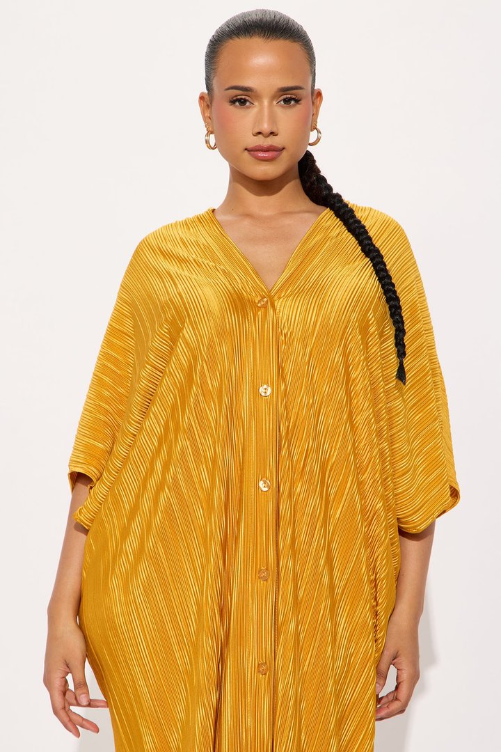 Isa Plisse Maxi Shirt Dress - Mustard