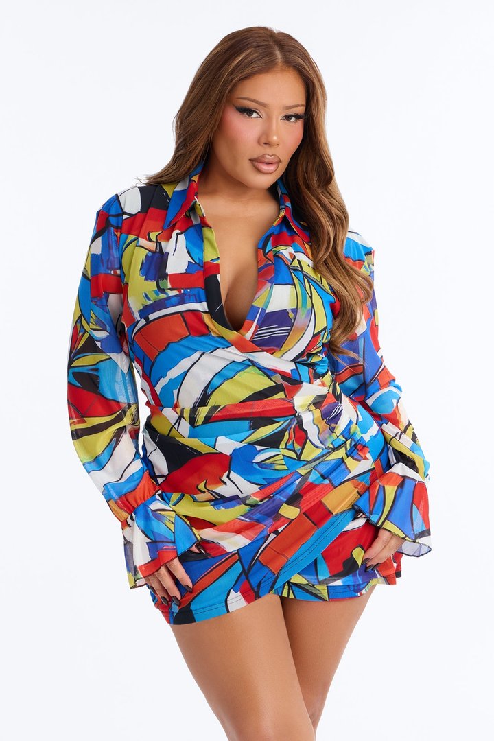 Rowan Collar Abstract Mesh Mini Dress - MultiColor