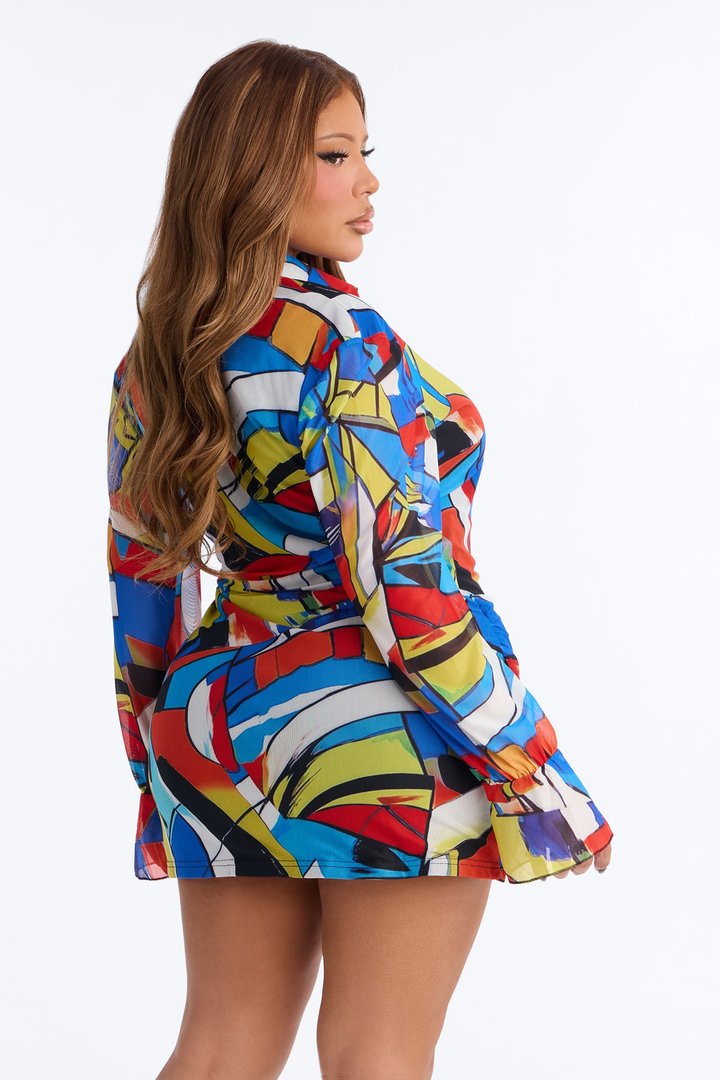 Rowan Collar Abstract Mesh Mini Dress - MultiColor