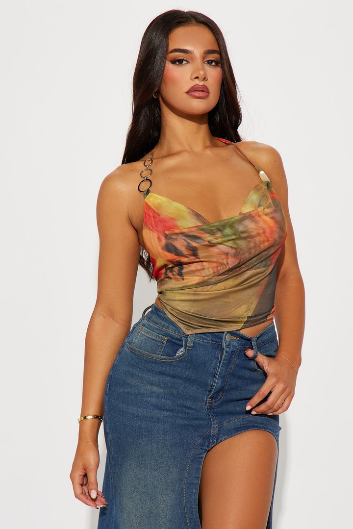 Avery Mesh Halter Top - Orange/combo