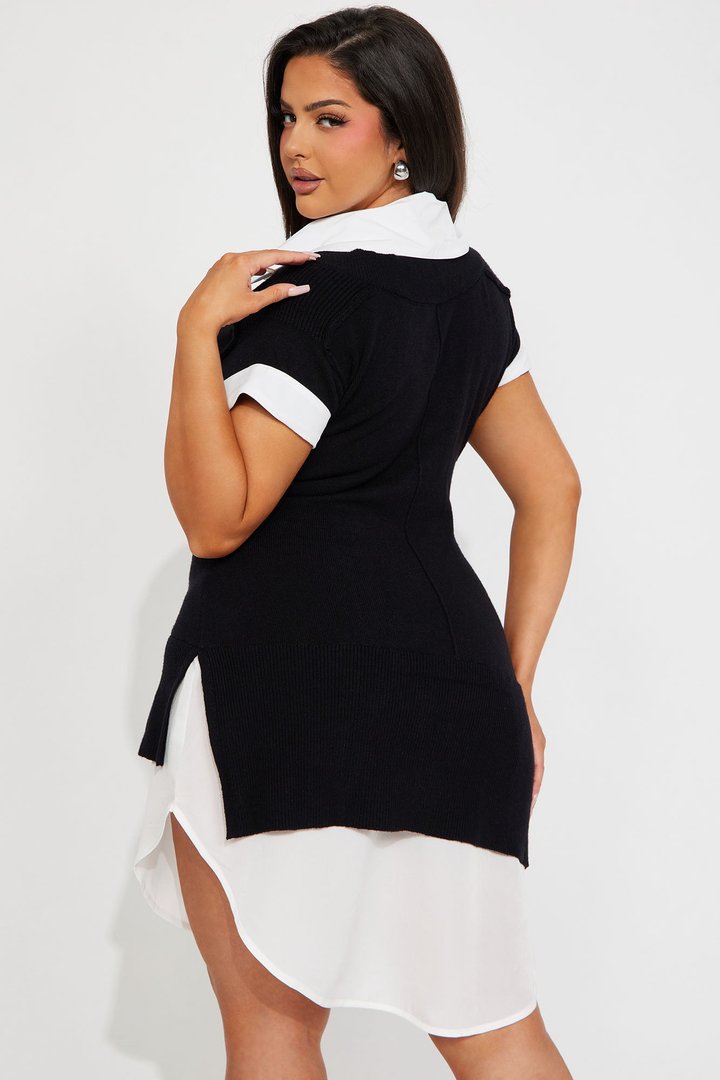 Tali Button Up Sweater Mini Dress - Black/White