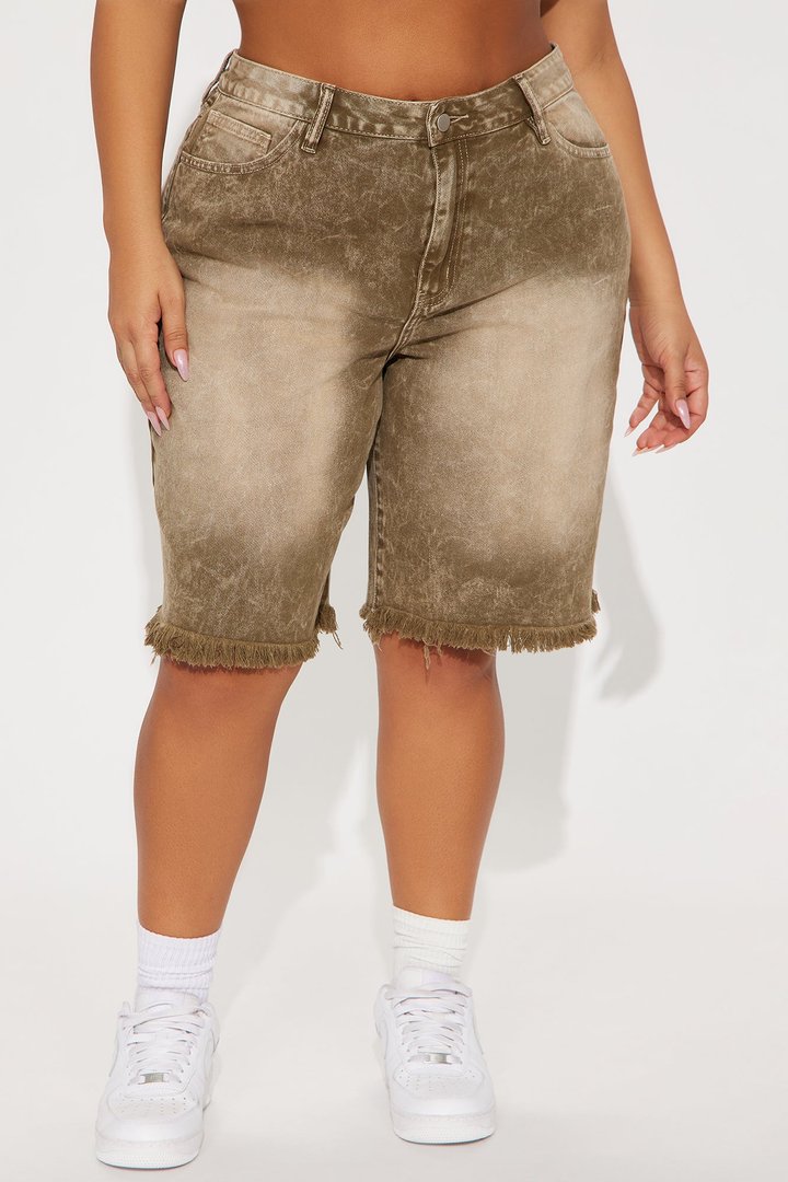 Come A Long Way Baggy Denim Jorts - Olive