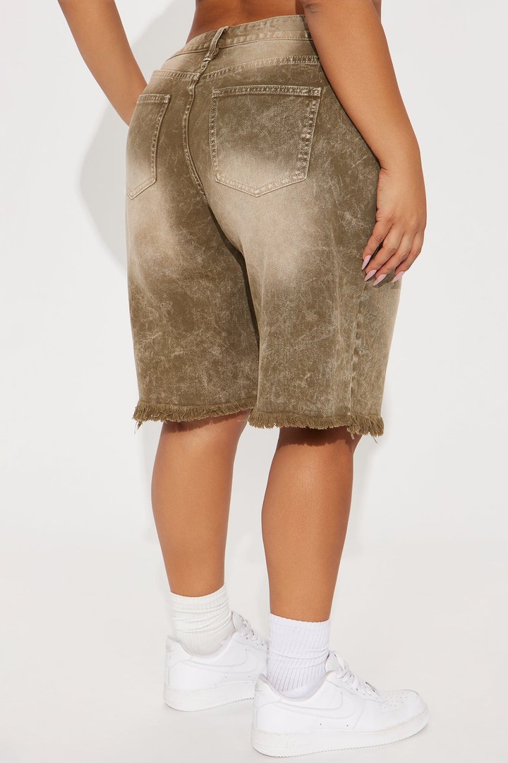 Come A Long Way Baggy Denim Jorts - Olive