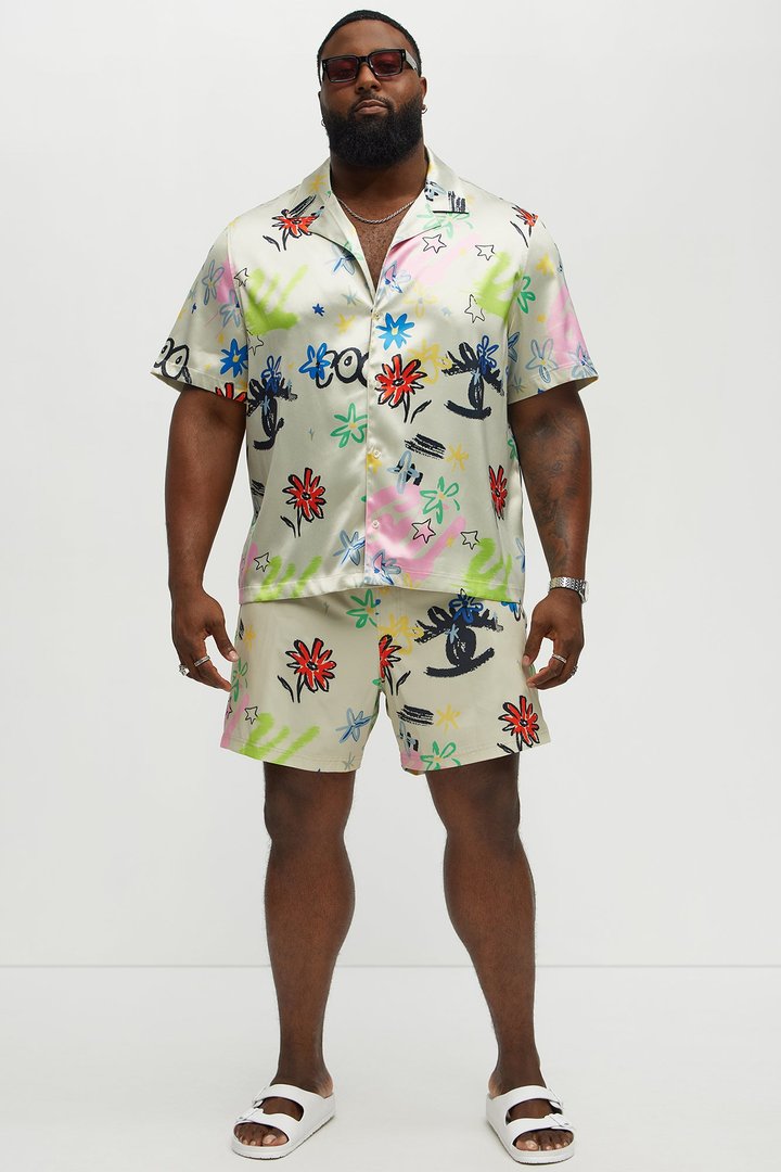 Graffiti Bloom Cuban Collar Button Up Shirt - Multi Color