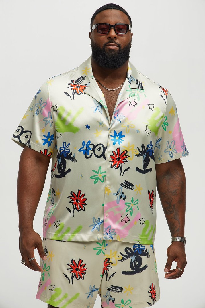 Graffiti Bloom Cuban Collar Button Up Shirt - Multi Color