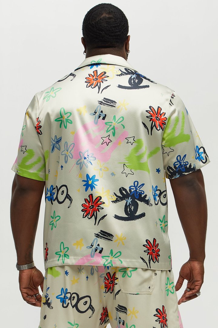 Graffiti Bloom Cuban Collar Button Up Shirt - Multi Color