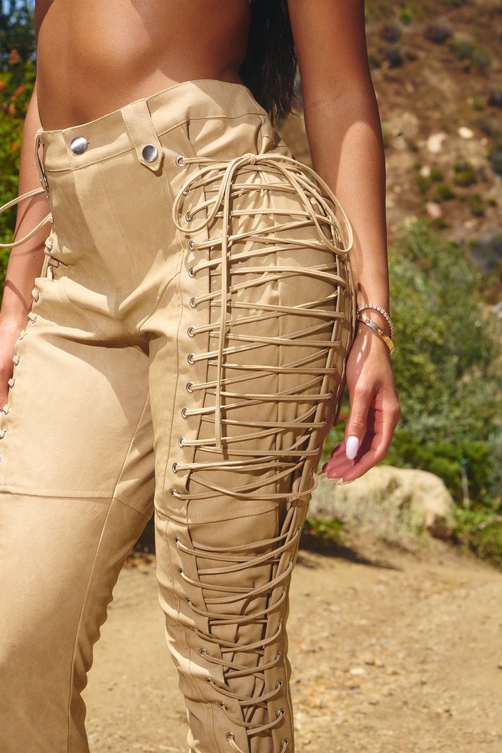 After Hours Faux Leather Lace Up Flare Pant 33″ - Taupe
