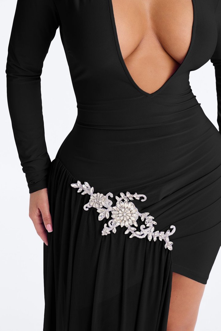 Leni Deep V-Neck Embellished Draped Mini Dress - Black