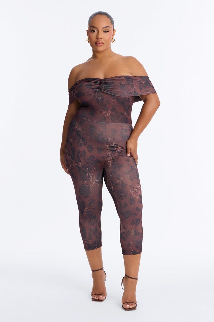 Paulina Off Shoulder Capri Jumpsuit - Chocolate/Combo