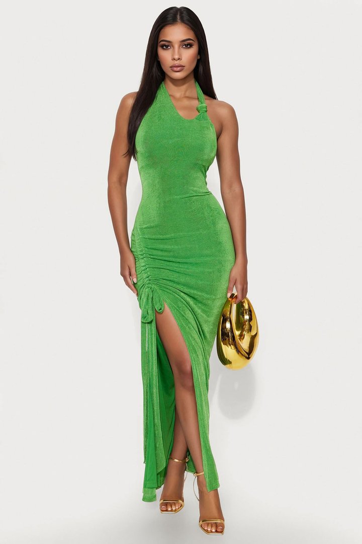 Kara Slinky Ruched Halter Maxi Dress - Kelly Green