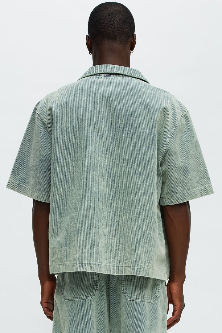 Ohio Corduroy Cuban Collar Cropped Short Sleeve Shirt - Blue/combo