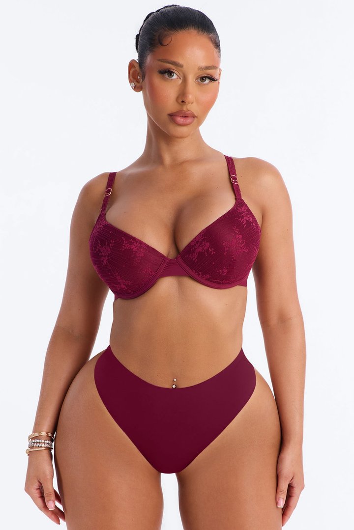 Lace Overlay Lightly Padded Bra - Wine