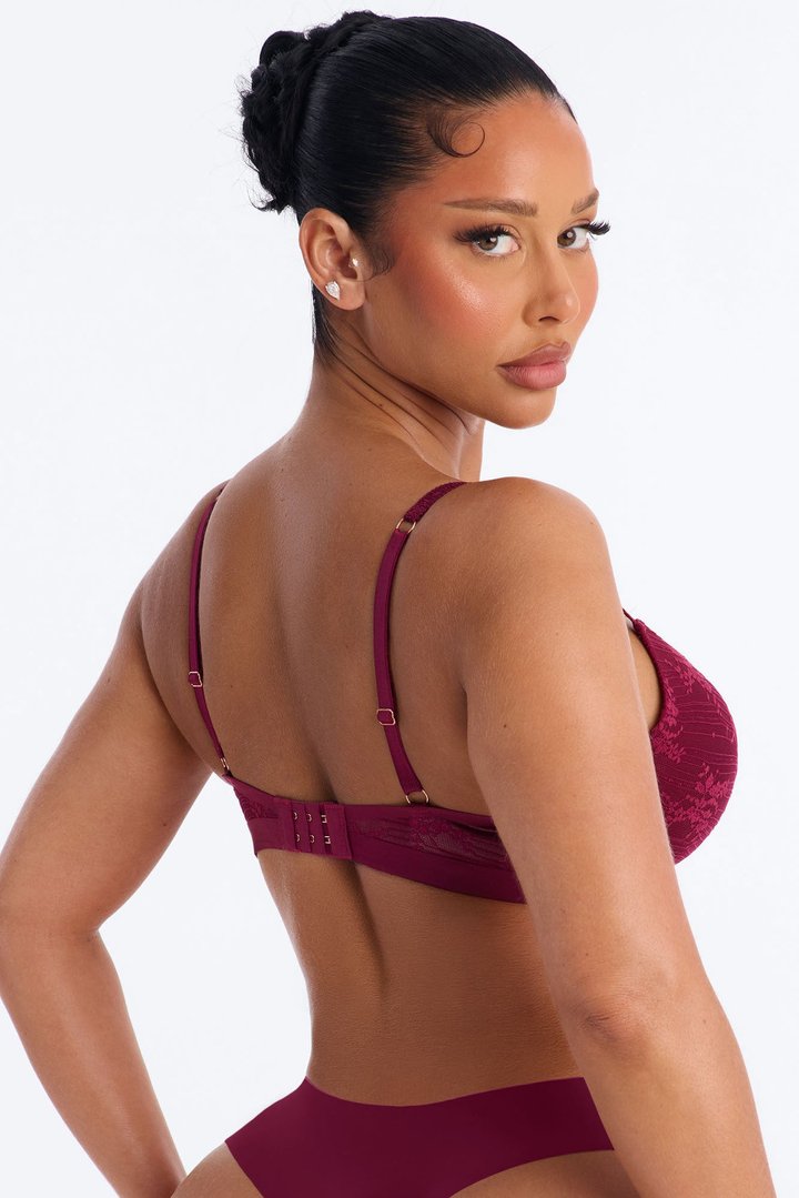 Lace Overlay Lightly Padded Bra - Wine