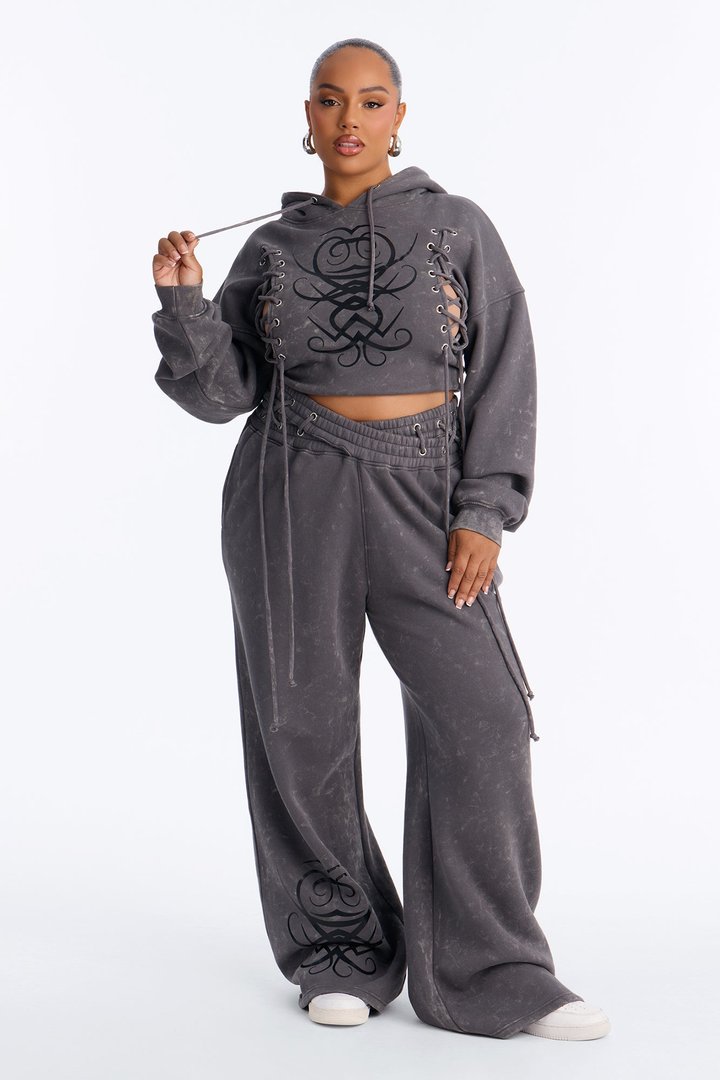 Lace Me Up Fleece Pant Set - Charcoal