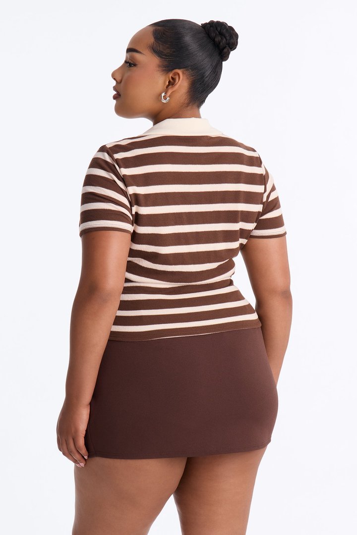 Koko Stripe Ribbed Short Sleee Polo - Brown/combo