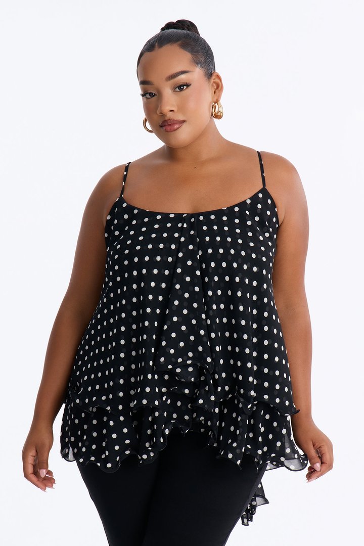 Nadia Ruffle Polka Dot Cami Top - Black/combo