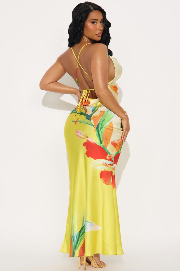 Amora Floral Satin Maxi Dress - Yellow/combo
