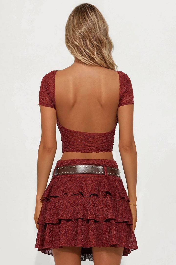 Night Out Belted Lace Mini Skirt Set - Rust