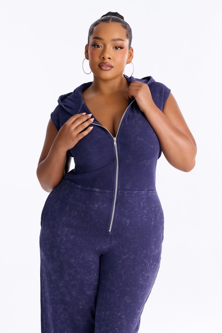 Melanie Sleeveless Hooded Terry Jumpsuit - Navy