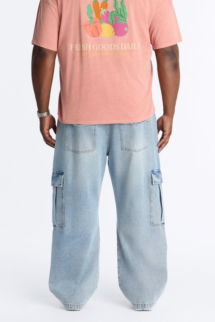 Baggy Minor Panel Cargo Jeans - Medium Blue Wash