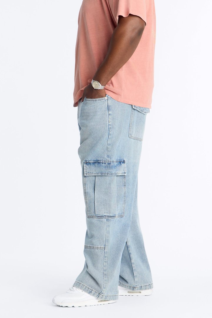 Baggy Minor Panel Cargo Jeans - Medium Blue Wash