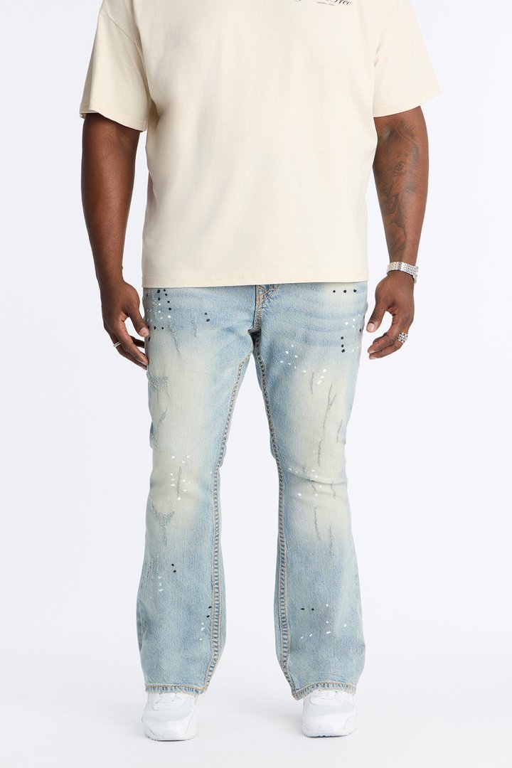 Heavy Stitch Splatter Stacked Skinny Flare Jean - Light Blue Wash