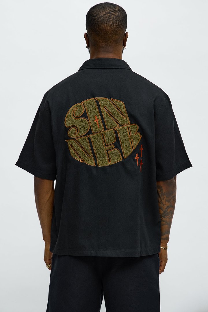 Sinner Cropped Button Up Shirt - Black
