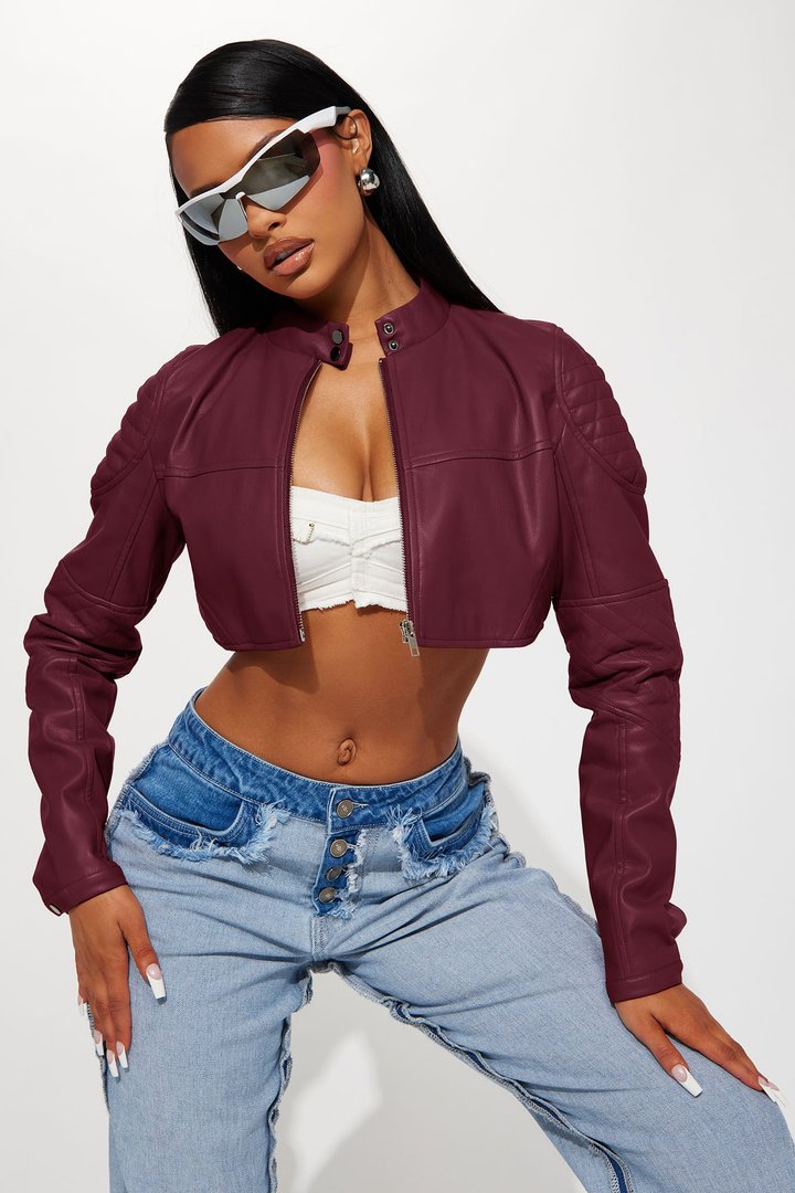 Biker Club Faux Leather Jacket - Burgundy