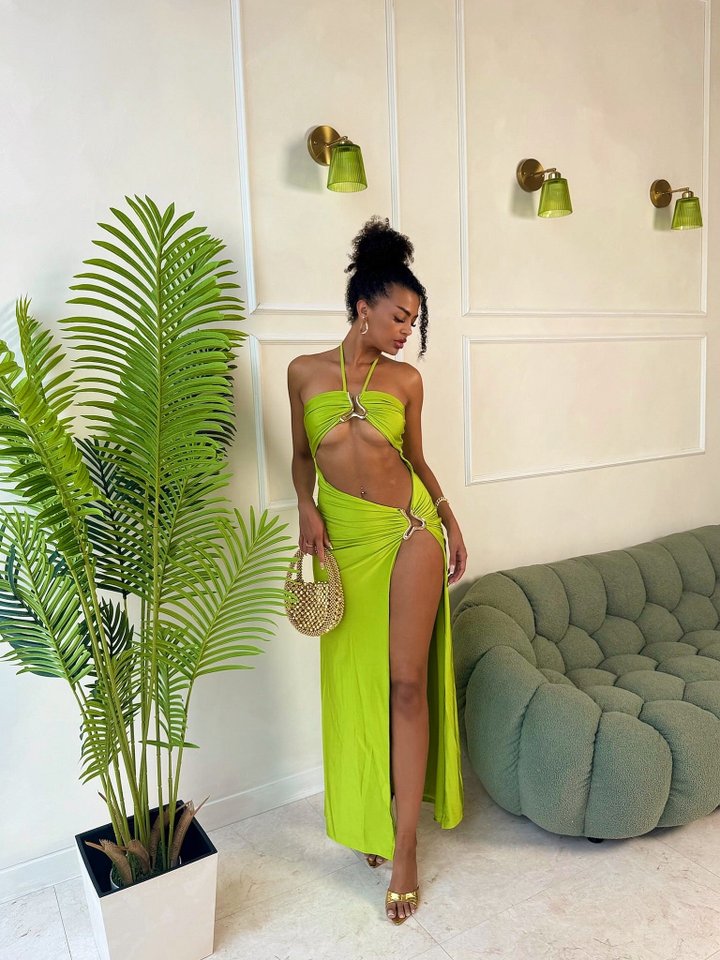 Elma Cut Out Tricot Halter Maxi Dress - Chartreuse