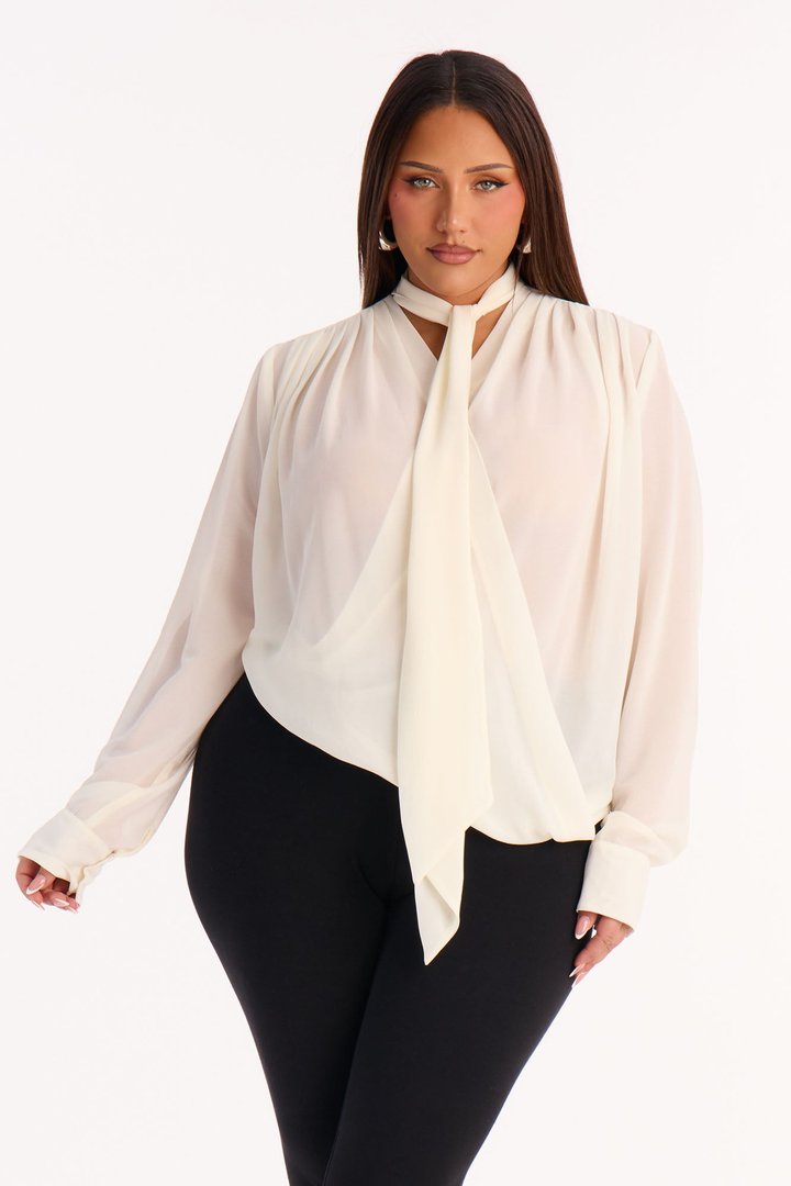 Juliette Chiffon Neck Tie Long Sleeve Top - Cream