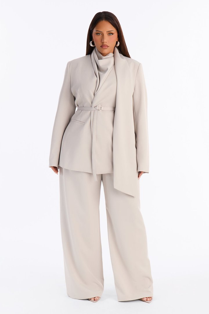 Not Your Secretary Scarf Belted Blazer - Light Grey