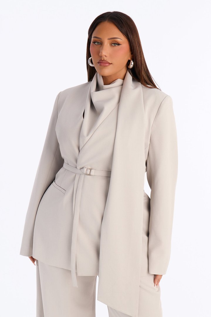 Not Your Secretary Scarf Belted Blazer - Light Grey