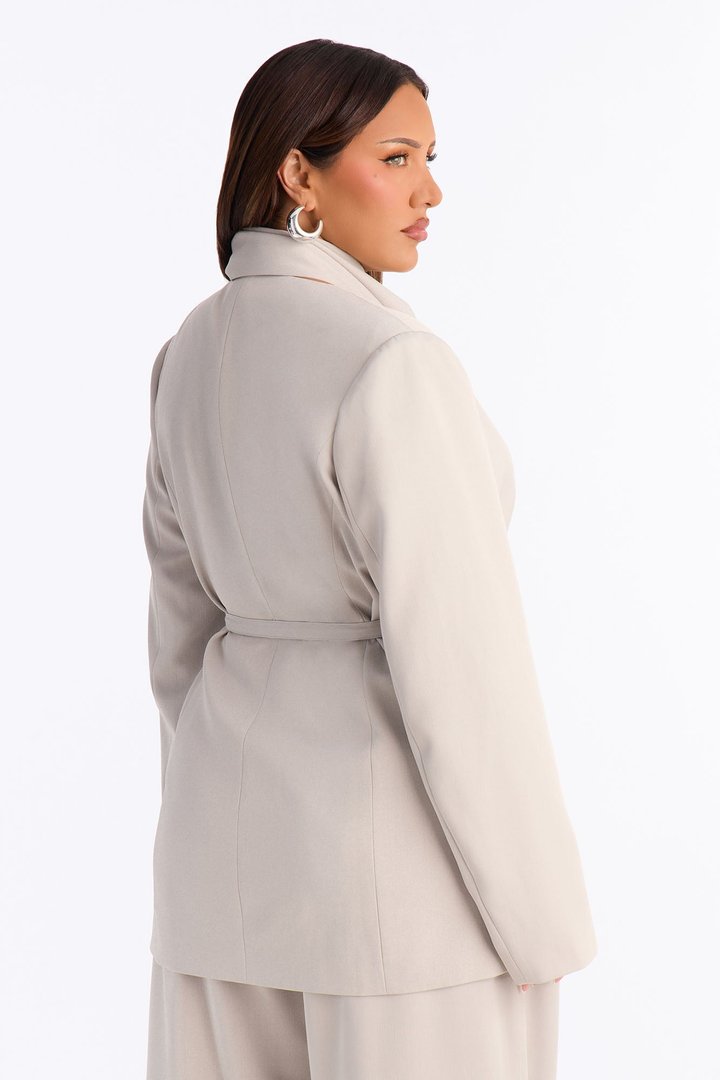 Not Your Secretary Scarf Belted Blazer - Light Grey
