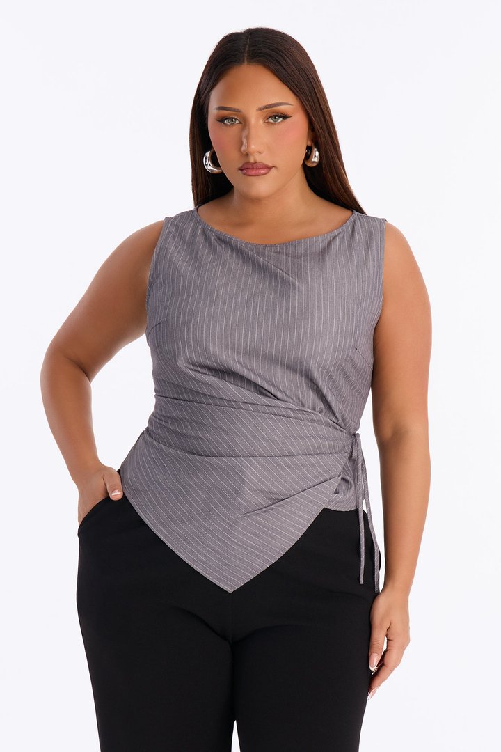 Harper Tie Waist Pinstripe Blouse - Charcoal/combo