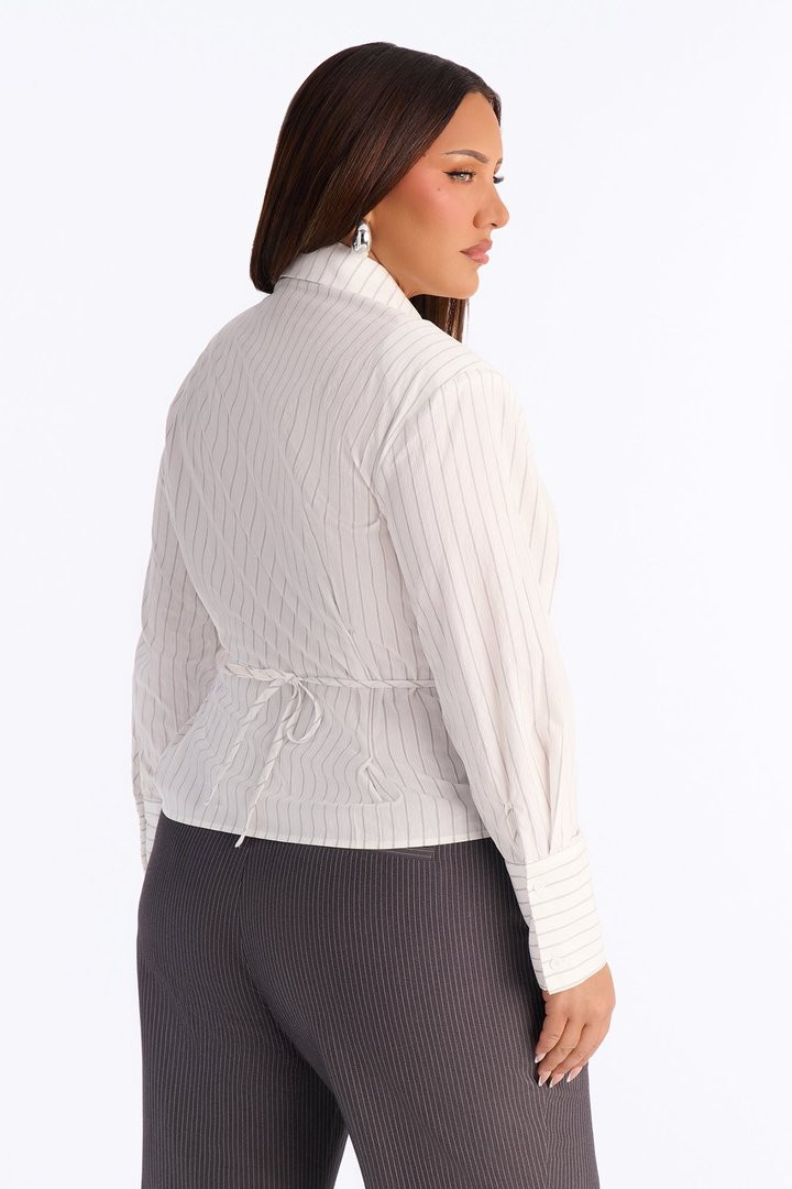 Feeling Studious Cinched Waist Long Sleeve Shirt - White/combo