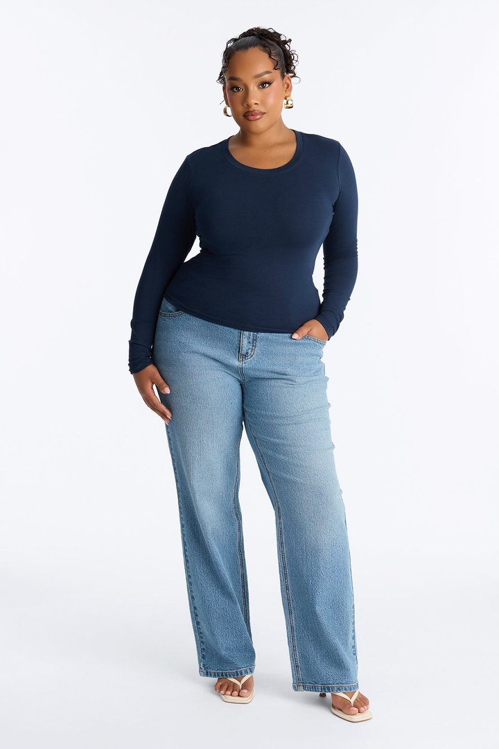 Elise Round Neck Long Sleeve Top - Navy
