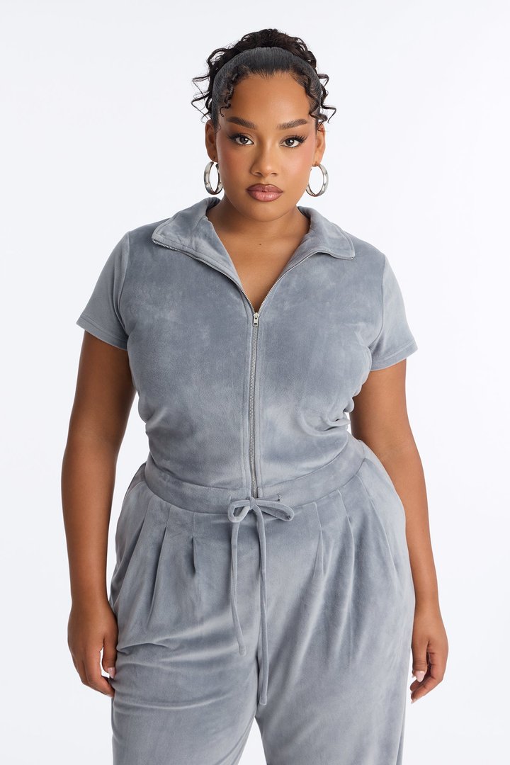 Mel Velour Zip Front Jumpsuit - Charcoal