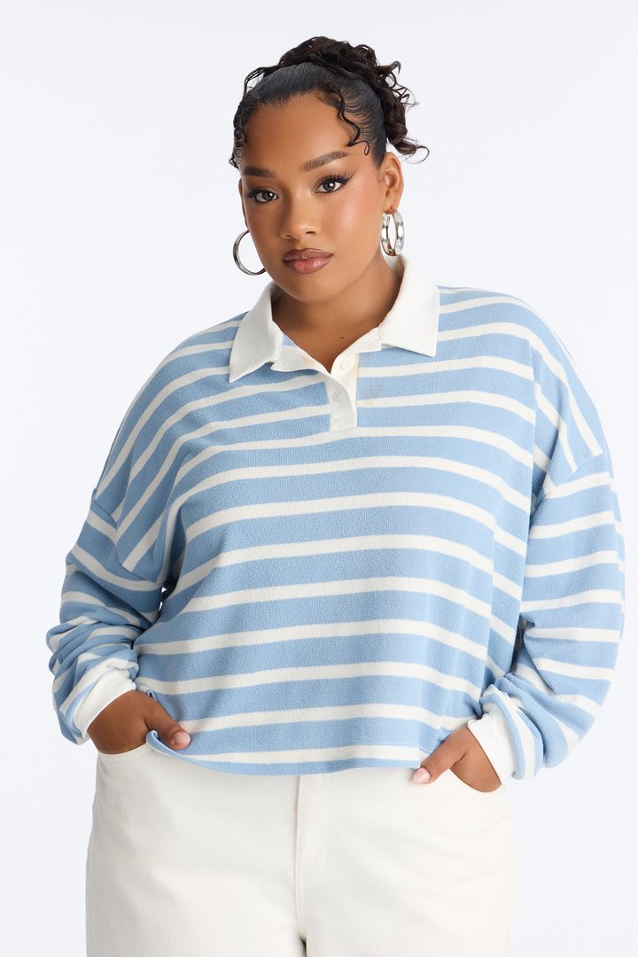 Makayla Stripe Ribbed Long Sleeve Polo - Blue/combo