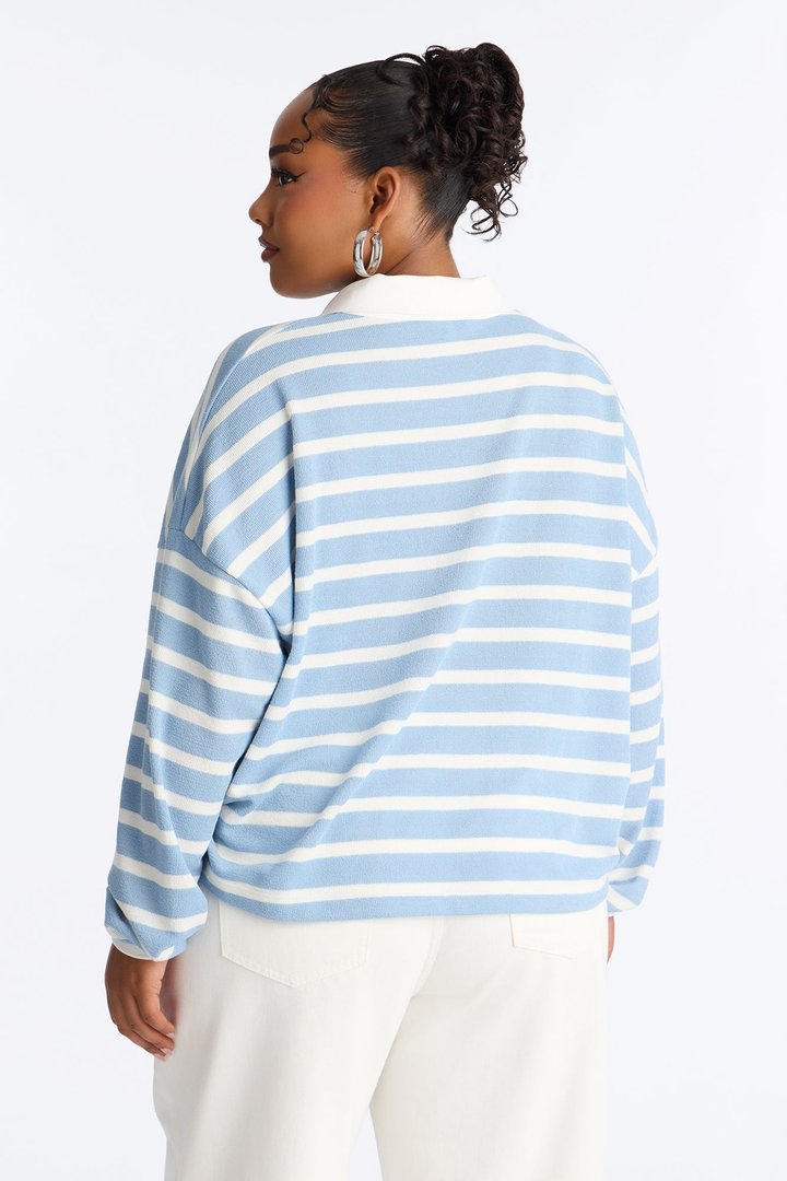 Makayla Stripe Ribbed Long Sleeve Polo - Blue/combo