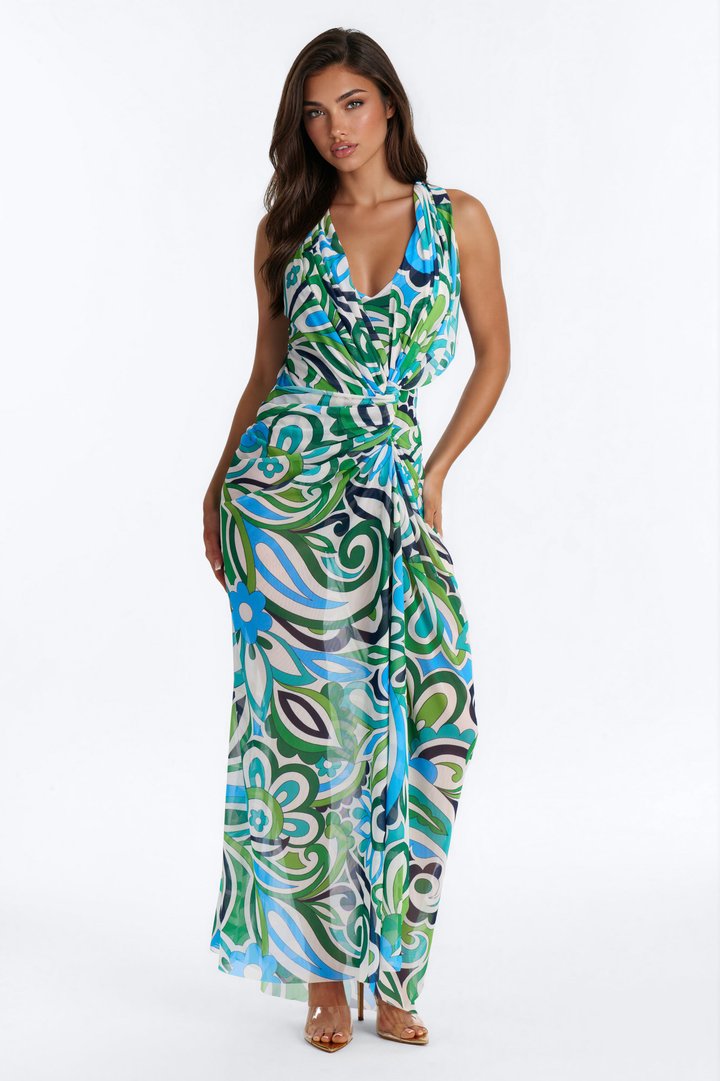 Livia Mesh Backless Maxi Dress - Green/combo
