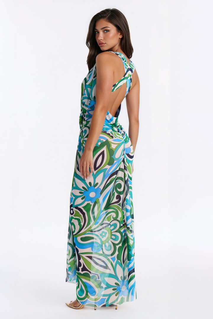 Livia Mesh Backless Maxi Dress - Green/combo