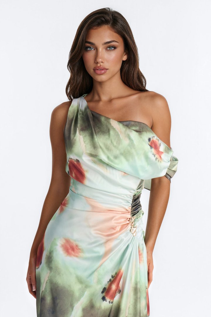 Maisie Tie Dye Satin Midi Dress - Sage/combo