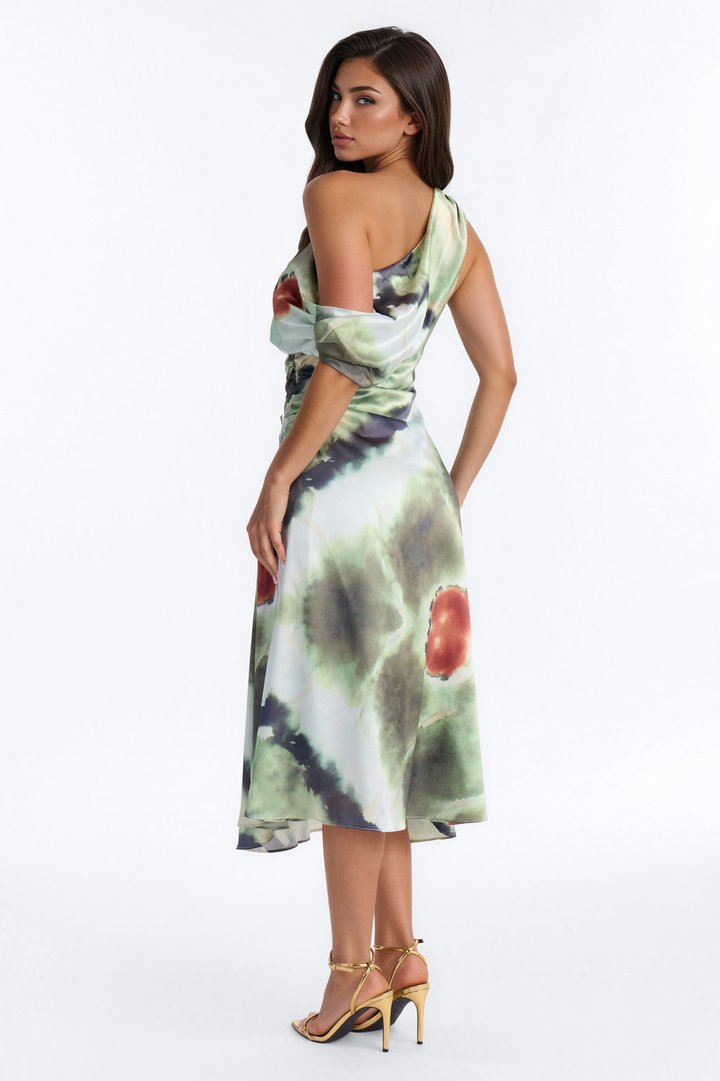 Maisie Tie Dye Satin Midi Dress - Sage/combo