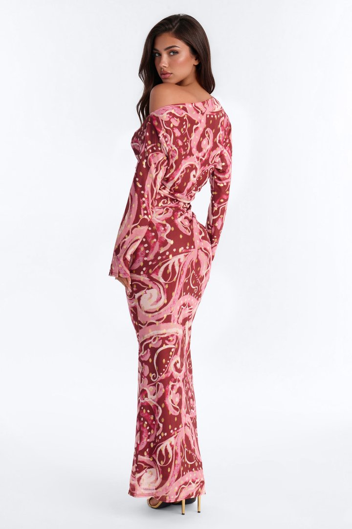 Mila Off Shoulder Maxi Dress - Rust/combo