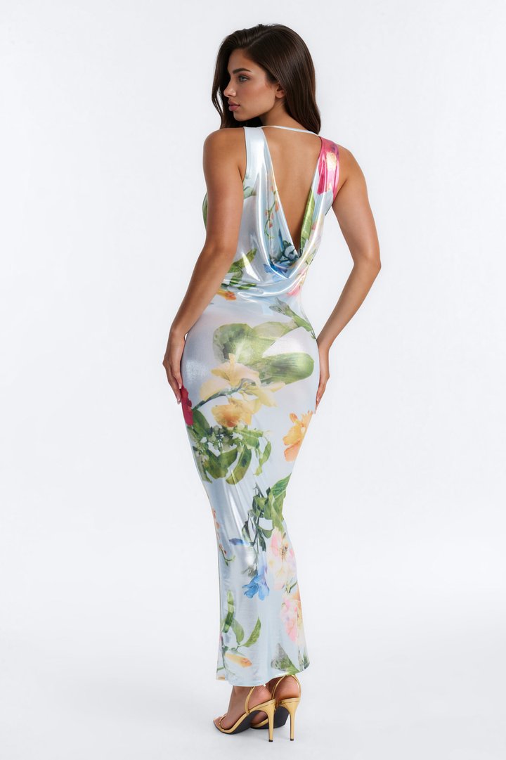 Aria Floral Metallic Maxi Dress - Blue/combo