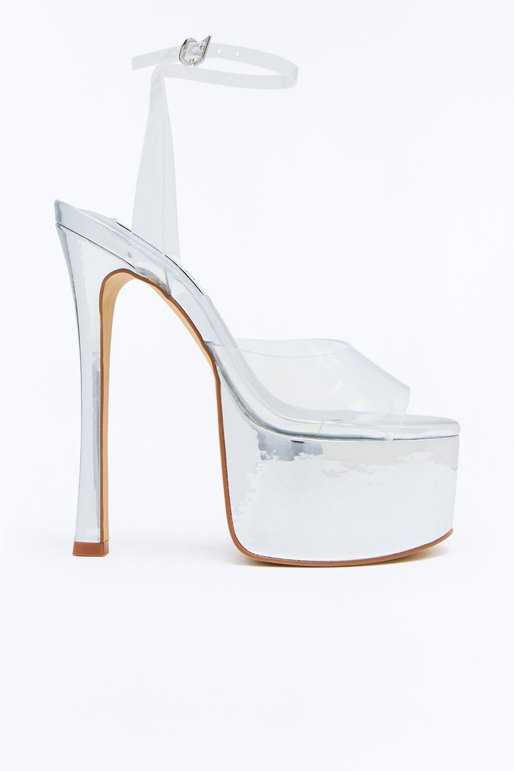 Steve Madden Olyssia Clear Platform Stiletto Ankle Strap Heel - Silver