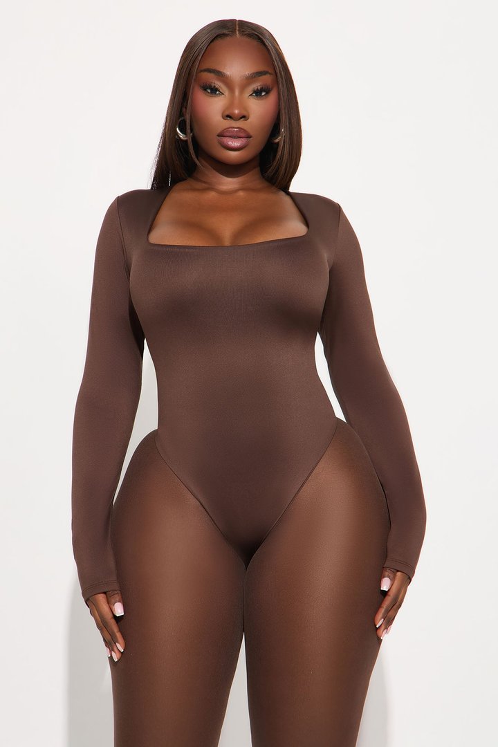 Contour Double Lined Long Sleeve Square Neck Bodysuit - Chocolate