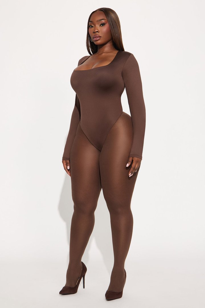 Contour Double Lined Long Sleeve Square Neck Bodysuit - Chocolate
