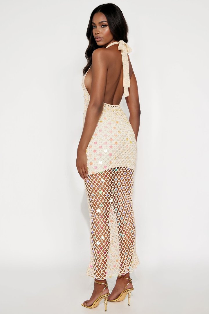 Natalie Sequin Crochet Maxi Dress - Cream